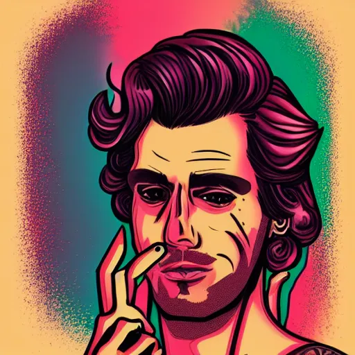 Prompt: a portrait of tattooed the beautiful man, in retro colors, synthwave style, 2 d digital vector art