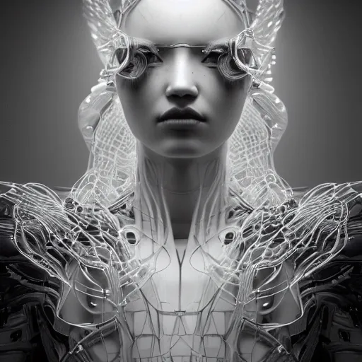 Image similar to closeup portrait of an absurdly beautiful, graceful, sophisticated, fashionable cyberpunk mechanoid gravure idol, an ultrafine hyperdetailed illustration by irakli nadar, matt wisniewski style, fashion photography, intricate linework, porcelain skin, jellyfish headdress, unreal engine 5 highly rendered, global illumination, radiant light, detailed and intricate environment