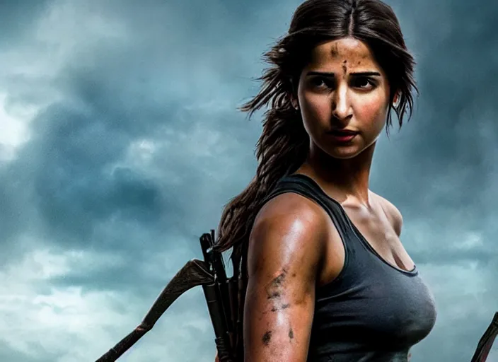 Image similar to film still of!!!! naomi scott!!! as lara croft in new tomb raider movie, 8 k