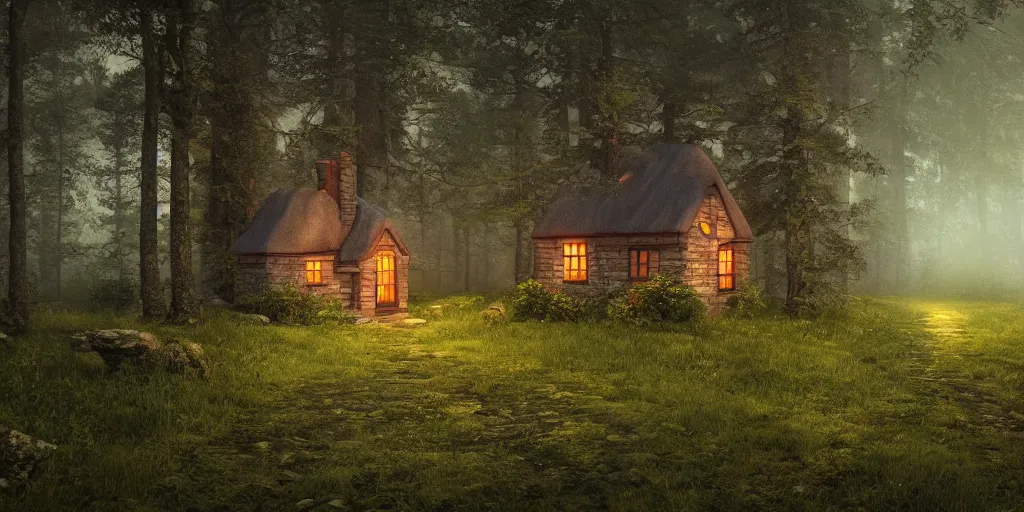 Prompt: solitary cottage in the woods, 8k, fantasy, hyper realistic, atmospheric lighting