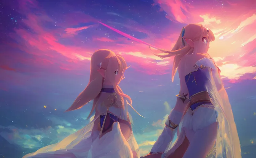 Prompt: Princess Zelda, anime painting, 3d render, hyper realistic, dramatic lighting, the sky is a nebula on fire, 8k hdr pixiv dslr photo by Makoto Shinkai ilya kuvshinov and Wojtek Fus, digital art, concept art,