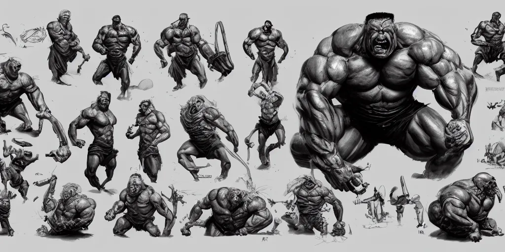 Image similar to muscleman, character sheet, concept design, contrast, kim jung gi, greg rutkowski, zabrocki, karlkka, jayison devadas, trending on artstation, 8 k, ultra wide angle, pincushion lens effect