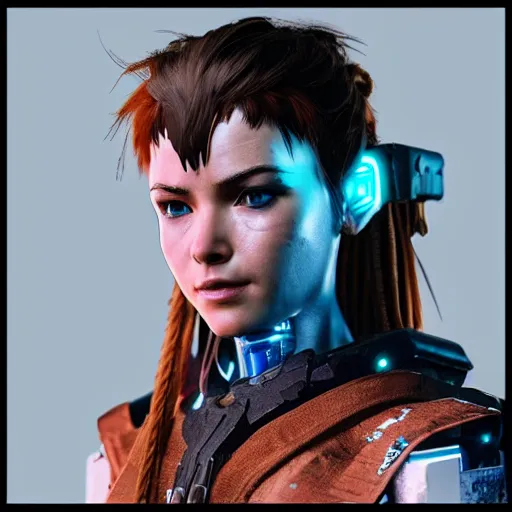 Prompt: aloy from hzd but fully robotic. Highly detailed cyberpunk style