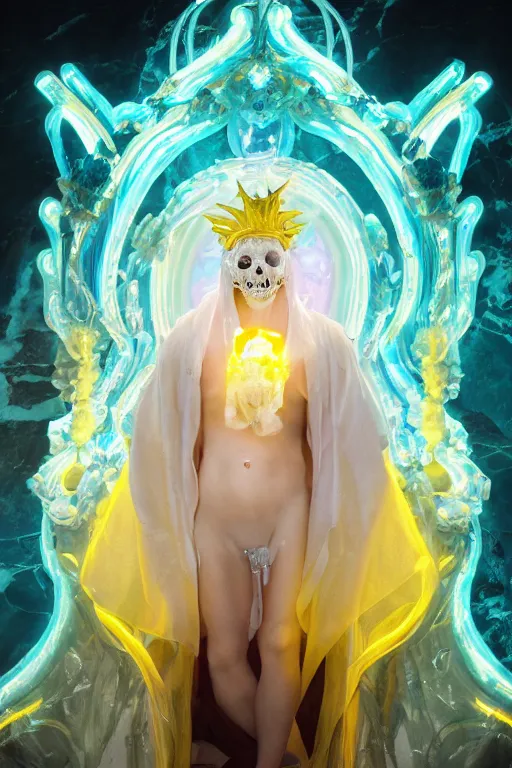 Image similar to photo of fullbody rococo and cyberpunk delicate neon crystalline sculpture of seductive muscular onyx albino marble prince camilo echeverry teal iridescent humanoid deity wearing yellow plastic hooded cloak holding an onyx skull in a onyx space dungeon, reclining, glowing yellow face, crown of white diamonds, cinematic lighting, photorealistic, octane render 8 k depth of field 3 d