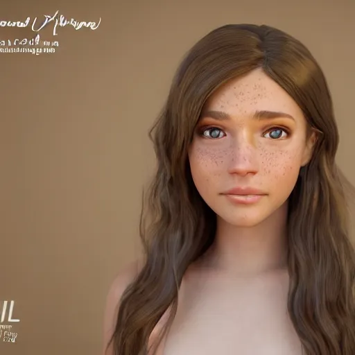 Image similar to Render of April, a cute 3D young woman, bronze brown hair, full round face, green eyes, light tan skin cute freckles, light blush, smiling softly, wearing casual clothing, interior lighting, cozy living room background, medium shot, mid-shot, hyperdetailed, trending on Artstation, Unreal Engine 4k