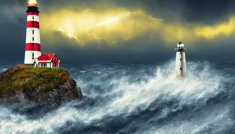 Prompt: a lighthouse being struck by lightning out at sea, digital art, highly detailed, realistic, bright colors, 8 k