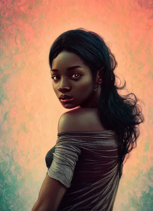 Prompt: handsome black young women with shoulder length black hair, half body shot, path traced, highly detailed, high quality, digital painting, alena aenami, lilia alvarado, shinji aramaki, karol bak, alphonse mucha, tom bagshaw