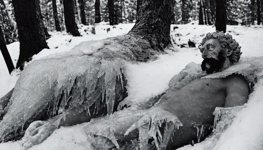 Image similar to 1 9 6 0 s movie still close up of marcus aurelius frozen to death, feets in a river, pine forests, cinestill 8 0 0 t 3 5 mm b & w, high quality, heavy grain, high detail, texture, dramatic light, anamorphic, hyperrealistic, foggy