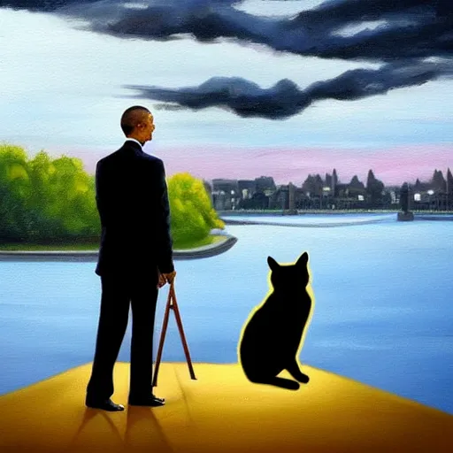 Image similar to obama is dressed as a gentleman at early 2 0 th century paris. he is watching an easel. that easel has a canvas on it. barack obama has a brush on his hand. he is painting a painting. there is a small brown cat with yellow eyes on barack obamas feet. on background has river seine, morning sun, dark clouds, lightning, by frank miller