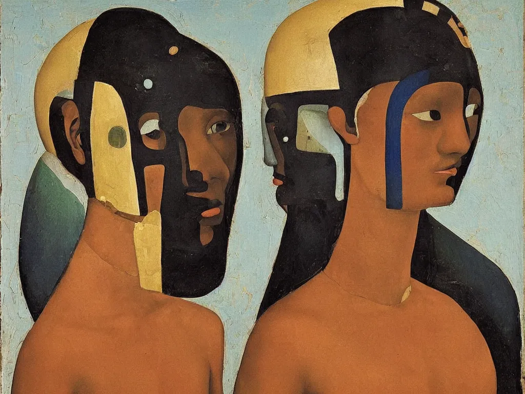 Image similar to portrait of a woman head with african mask. lapis lazuli, malachite, obsidian, gold. painting by piero della francesca, balthus, agnes pelton