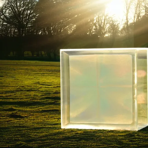 Image similar to a pastel coloured Polaroid photo of a large cube made of transparent iridescent perspex stood in a field, beams of light, nostalgic