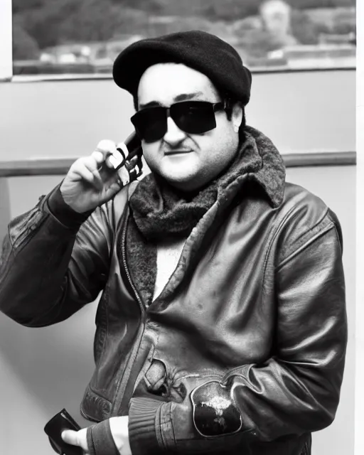 Prompt: headshot of a crazed john belushi smoking a cigar, he is wearing a leather bomber cap on his head, he has on aviator goggles, he is also wearing an a 2 flight jacket, a long white wool scarf is wrapped around his neck, he has a 5 o'clock shadow