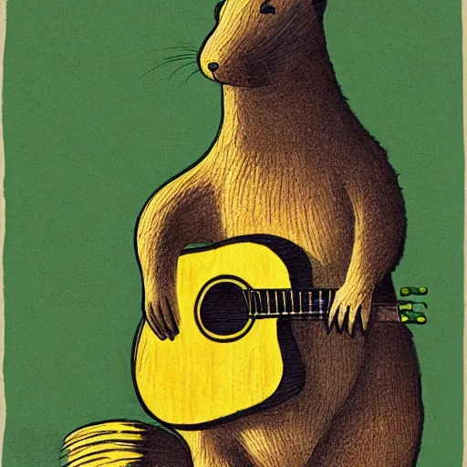 Prompt: a beaver playing guitar, illustration by shel silverstein