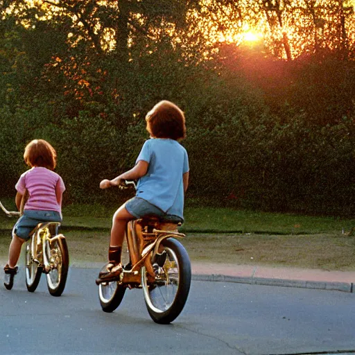 Prompt: kids riding their bikes in the 1 9 8 0 s, long shot, sunset at the golden hour, photoreal, vintage