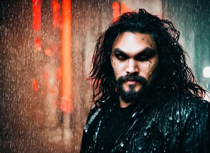 Prompt: closeup portrait of emo vampire goth jason momoa standing in the rain in a dark cyberpunk city, heavy make - up running down face, neon reflections in the puddles, portra 4 0 0 candid photograph portrait by annie leibovitz, 3 5 mm macro shot, f / 3 2, hyperrealistic, cinematic lighting, hd wallpaper, 8 k, 4 k