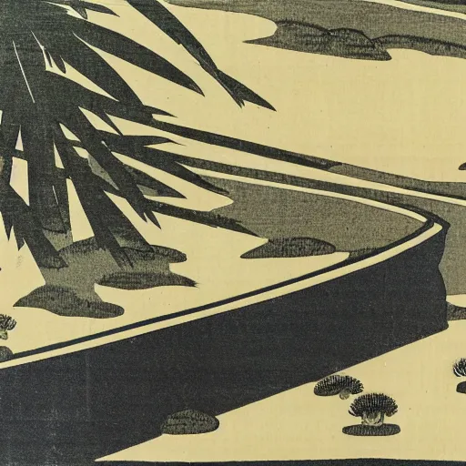 Image similar to japanese woodblock landscape print of a 1 9 8 0 honda civic