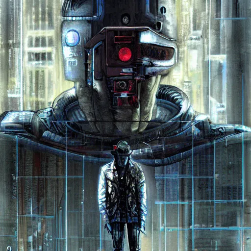 Prompt: Digital portrait of a Ghost in the machine by Enki Bilal, cyberpunk, impressive perspective, masterpiece