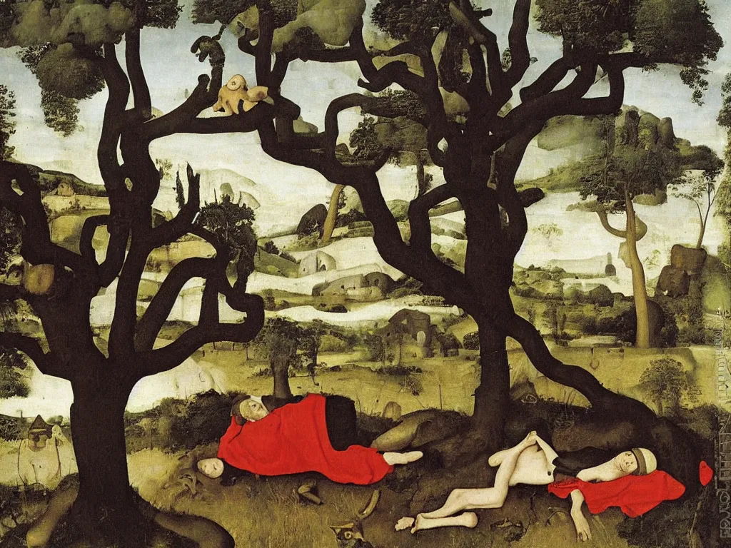 Image similar to Man sleeping near a charred oak tree. Thunderstorm in the background, death roaming about. Painting by Hans Memling