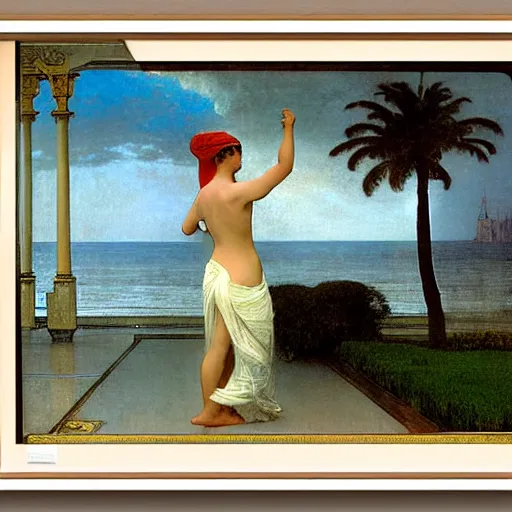 Image similar to Girl throwing gand signs at the palace, thunderstorm, pool, beach and palm trees on the background major arcana sky, by paul delaroche, alphonse mucha and arnold böcklin arnold böcklin hyperrealistic 8k, very detailed