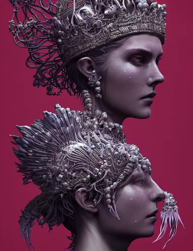 Image similar to symmetrical, centered, zbrush sculpt of goddess close-up portrait wigh crown made of skulls. phoenix betta fish, phoenix, bioluminiscent creature, super intricate ornaments artwork by Tooth Wu and wlop and alena aenami and greg rutkowski