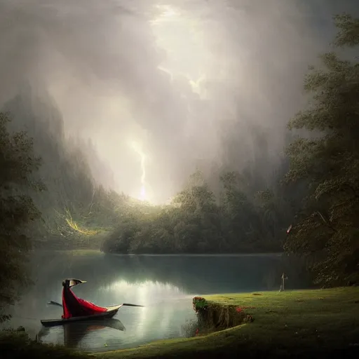 Image similar to an person with a cape on sitting in an boat in the middle of an green lake during storm, Matte painting , detailed painting, greg rutkowski