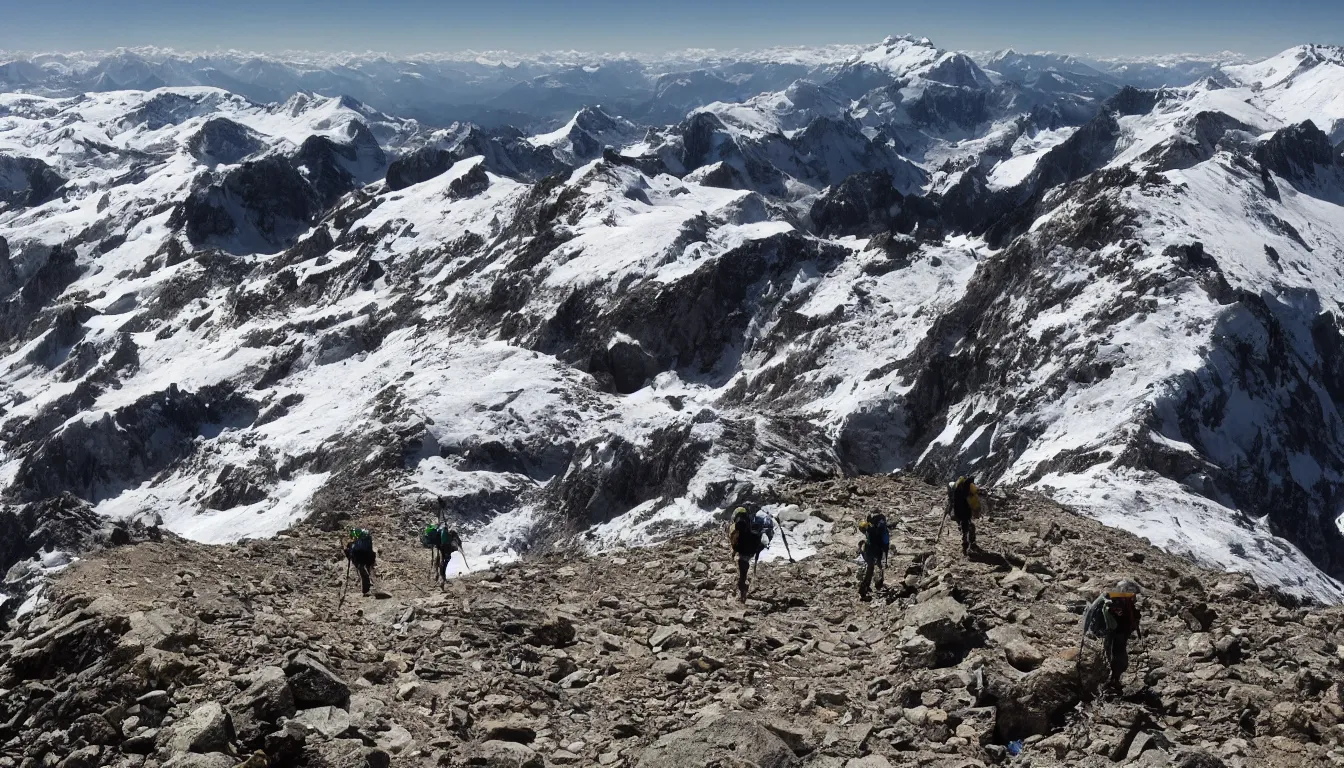 Image similar to mountaineers hiking, view from above, kilian eng, silhouettes