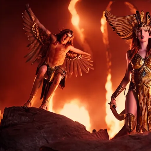 Image similar to cinematic scene with bella thorne on a majestic throne as the goddess of war, dramatic, small details, volumetric lighting, still frame