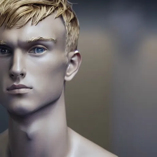 Prompt: a realistic detailed photo of a guy who is an attractive humanoid who is half robot and half humanoid, who is a male android, soccer players martin ødegaard, shiny skin, posing like a statue, blank stare, in a factory, on display, showing off his muscles, gold soccer shorts, side view, looking at each other mindlessly