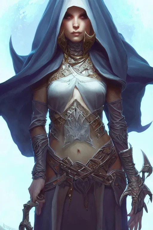 Image similar to beautiful necromancer, full body shot, hood, d & d, fantasy, intricate, elegant, highly detailed, digital painting, artstation, concept art, matte, sharp focus, illustration, hearthstone, art by artgerm and greg rutkowski and alphonse mucha