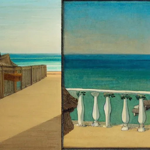 Prompt: Balustrade with a beach on the background, a colab between studio ghibli and paul delaroche