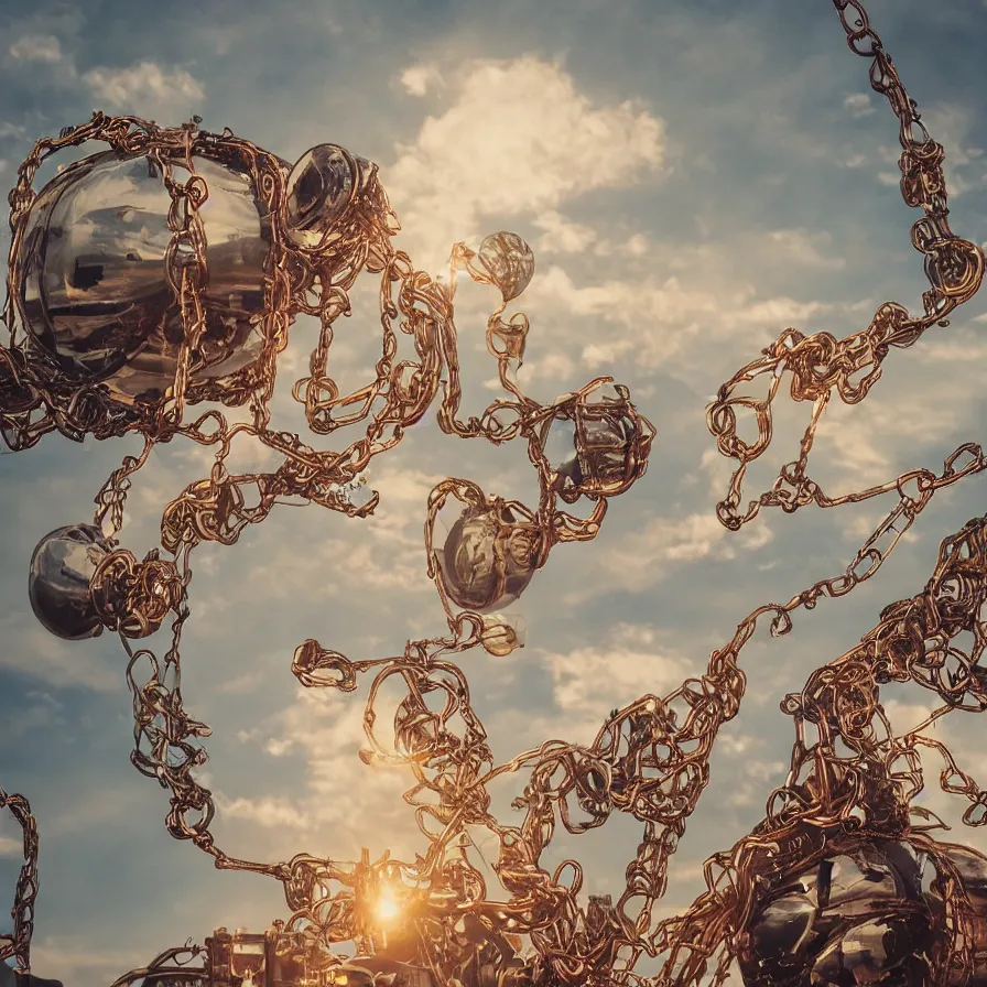 Image similar to beautiful blimps high in the sky, copper chains hanging from the edges, steampunk styled, golden hour, steam clouds, clouds, valves, award winning photography, highly detailed, low poly, extremely wide angle