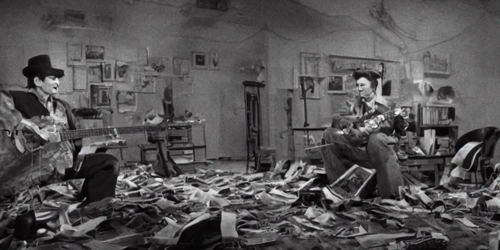 Prompt: Johnny Cash croons snake guitar amidst reels of tape, newspaper clippings and sheathes of wheat, still from the unreleased movie UNLESS YOU HATE BULL RUNS directed by Federico Fellini, hyperreal lifelike cinematography with purple and green atmospheric light and shadow, 35mm film, rendered in octane with snakeoil subsurface scattering