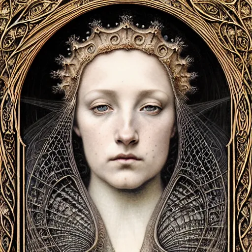 Image similar to detailed realistic beautiful young medieval queen face portrait by jean delville, gustave dore, iris van herpen and marco mazzoni, art forms of nature by ernst haeckel, art nouveau, symbolist, visionary, gothic, neo - gothic, pre - raphaelite, fractal lace, intricate alien botanicals, ai biodiversity, intricate hyper detailed ultra sharp octane render