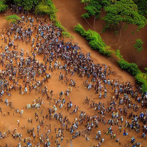 Image similar to aerial hd photograph of a uncontacted crowd of african congo tribe looking into camera, golden pyramid