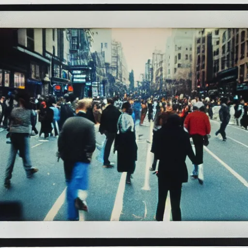 Image similar to wide - shot very low - angle, ant's eye view, messy photo of walking people in the busy street, crossing road, polaroid photo, by andy warhol