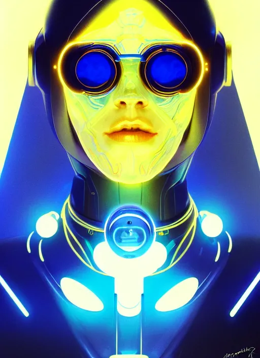 Prompt: symmetry portrait of a robot with sunglasses, sci - fi, tech wear, blue and yellow glowing lights, intricate, elegant, highly detailed, digital painting, artstation, concept art, smooth, sharp focus, illustration, art by artgerm and greg rutkowski and alphonse mucha