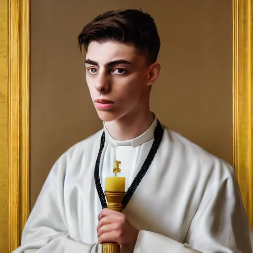 Prompt: attractive kai havertz wearing priest outfit holding large detailed ivory candlestick. natural lighting by ruan jia, portrait. 8 k high definition