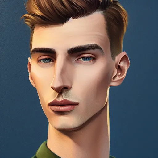 Image similar to tall man in his twenties with brown blond short quiff hair and thin slightly round facial structure with cleft chin, straight eyebrows and prominent nose, good definition of cheekbones, big hazel nut brown eyes, narrow face, slim body, atmospheric lighting, painted, intricate, 4 k, highly detailed by charlie bowater