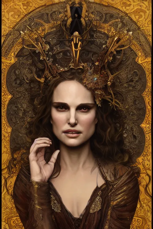 Image similar to natalie portman as queen of the undead, painted by nekro, alphonse mucha, dark - fantasy, intricate detail, artstation, cgsociety, rococo, gold leaf art