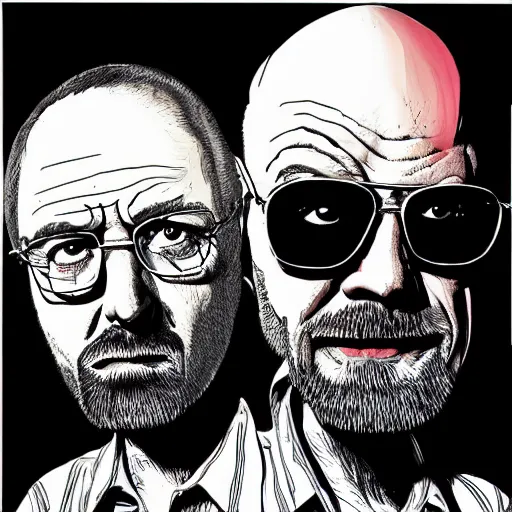 Prompt: Jessy Pinkman and Walter White in the style of Ralph Steadman