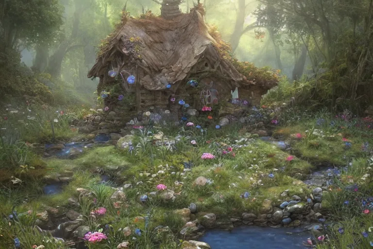 Prompt: wide angle view, a beautiful digital painting of a fairy house made of rocks in a stream, flowers, beautiful tranquil day, by greg rutkowski, brian froud, peter mohry, jean - baptiste monge, and alphonse mucha, symmetry, complementary colors, ink illustration, trending on artstation