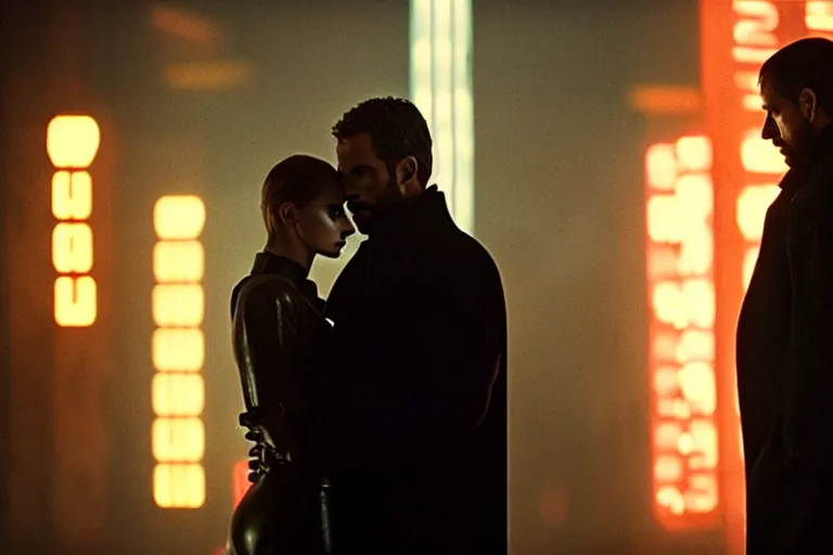 Image similar to film still of closeup beautiful russian models couple in blade runner 2 0 4 9, cinematic, moody, gritty neon noir by emmanuel lubezki