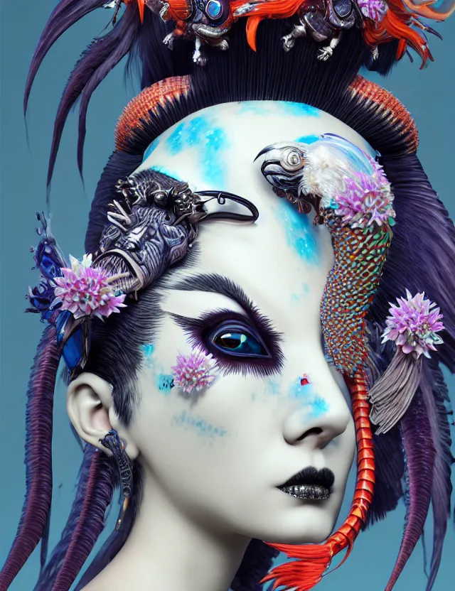 Image similar to 3 d goddess close - up profile portrait punk with mohawk with ram skull. beautiful intricately detailed japanese crow kitsune mask and clasical japanese kimono. betta fish, jellyfish phoenix, bio luminescent, plasma, ice, water, wind, creature, artwork by tooth wu and wlop and beeple and greg rutkowski