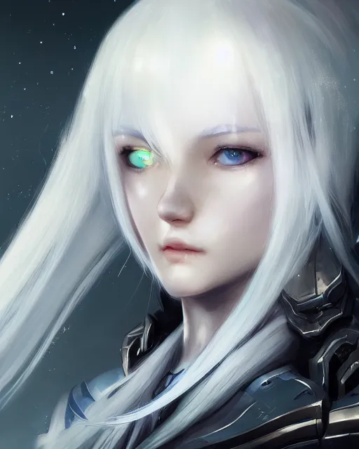 Image similar to perfect white haired girl, warframe armor, beautiful, dreamy, portrait, highly detailed, digital painting, trending on artstation, concept art, sharp focus, illustration, pretty face, blue starry eyes, scifi platform, front lit, laboratory, experiment, masterpiece, art by masayoshi tanaka, akihiko yoshida, kazuya takahashi