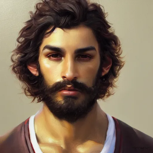 Image similar to portrait of a young italian male, very curly dark shoulder length hair, round nose, angular eyebrows, short patchy beard, closeup portrait, elegant, highly detailed, oil painting, artstation, concept art, matte, sharp focus, illustration, hearthstone, art by earl norem