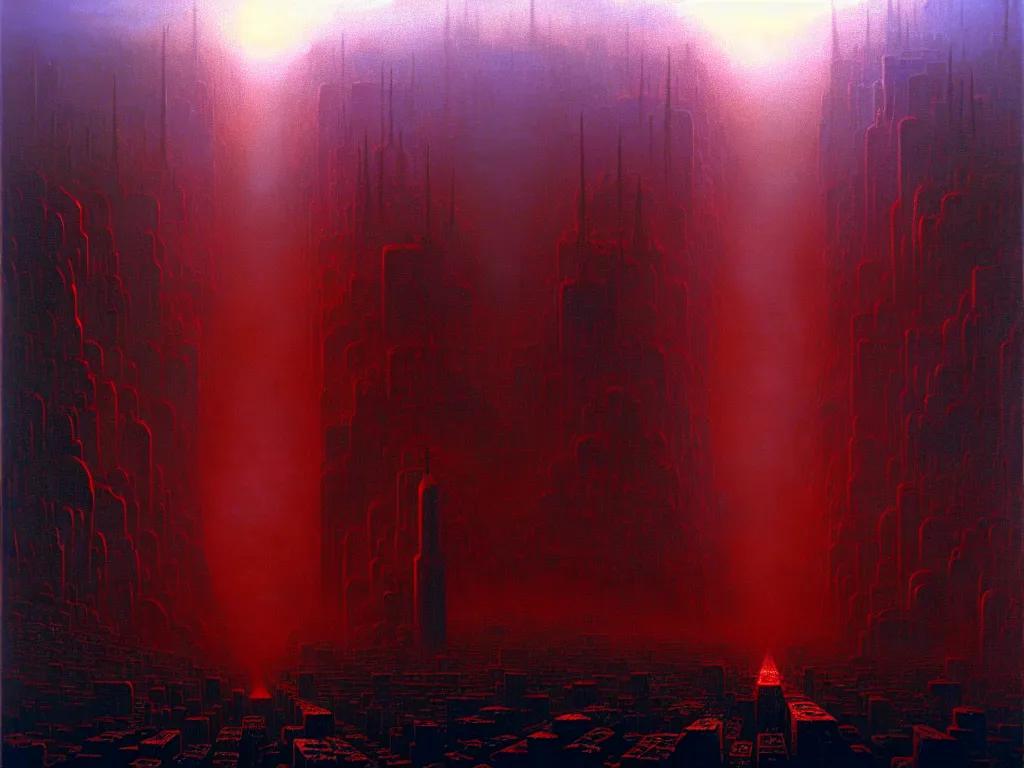 Image similar to an epic cityscape painting of a nightmarish hellscape full of cosmic horrors, by zdzisław beksinski and greg rutkowski, wall street, horror, surreal, cyberpunk, dark, vivid, red, blue, oil on canvas, epic, dramatic, cinematic