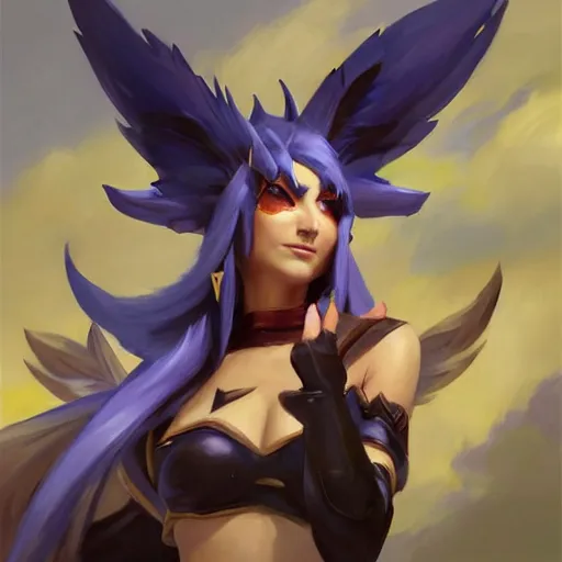 Image similar to greg manchess portrait painting of partially armored ahri from league of legends as overwatch character, medium shot, asymmetrical, profile picture, organic painting, sunny day, matte painting, bold shapes, hard edges, street art, trending on artstation, by huang guangjian, gil elvgren, ruan jia, randy vargas, greg rutkowski