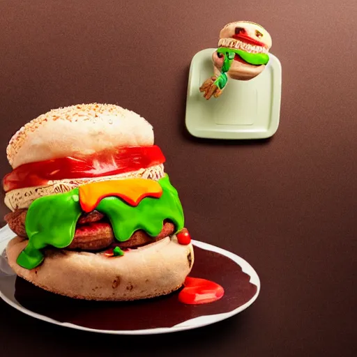 Image similar to a humanoid bipedal upright zombie that strongly resembles a hamburger, professional food photography