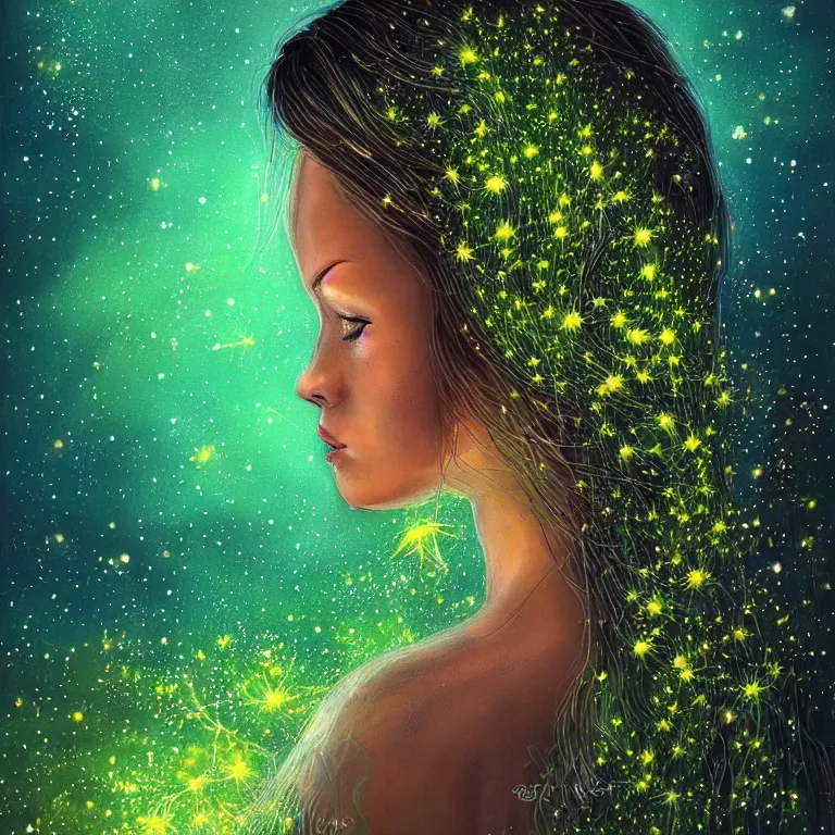 Image similar to beautiful portrait of a single woman with fireflies and stars in her hair, blooming green slopes and lianas in the background, highly detailed, hdr, 8 k resolution, fantasy art, trending on instagram