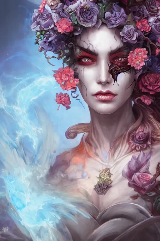 Image similar to demon face closeup of girl necromancer full of scars and flowers, wizard of the coast casting magic spell, angel, magic storm and thunder clouds, fantasy, magic the gathering, hyper detailed, 3 d render, hyper realistic detailed portrait, peter mohrbacher